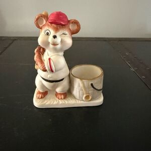 1979 Jasco Luvkin Critters Ceramic Bear Playing Baseball Candle Holder White Red